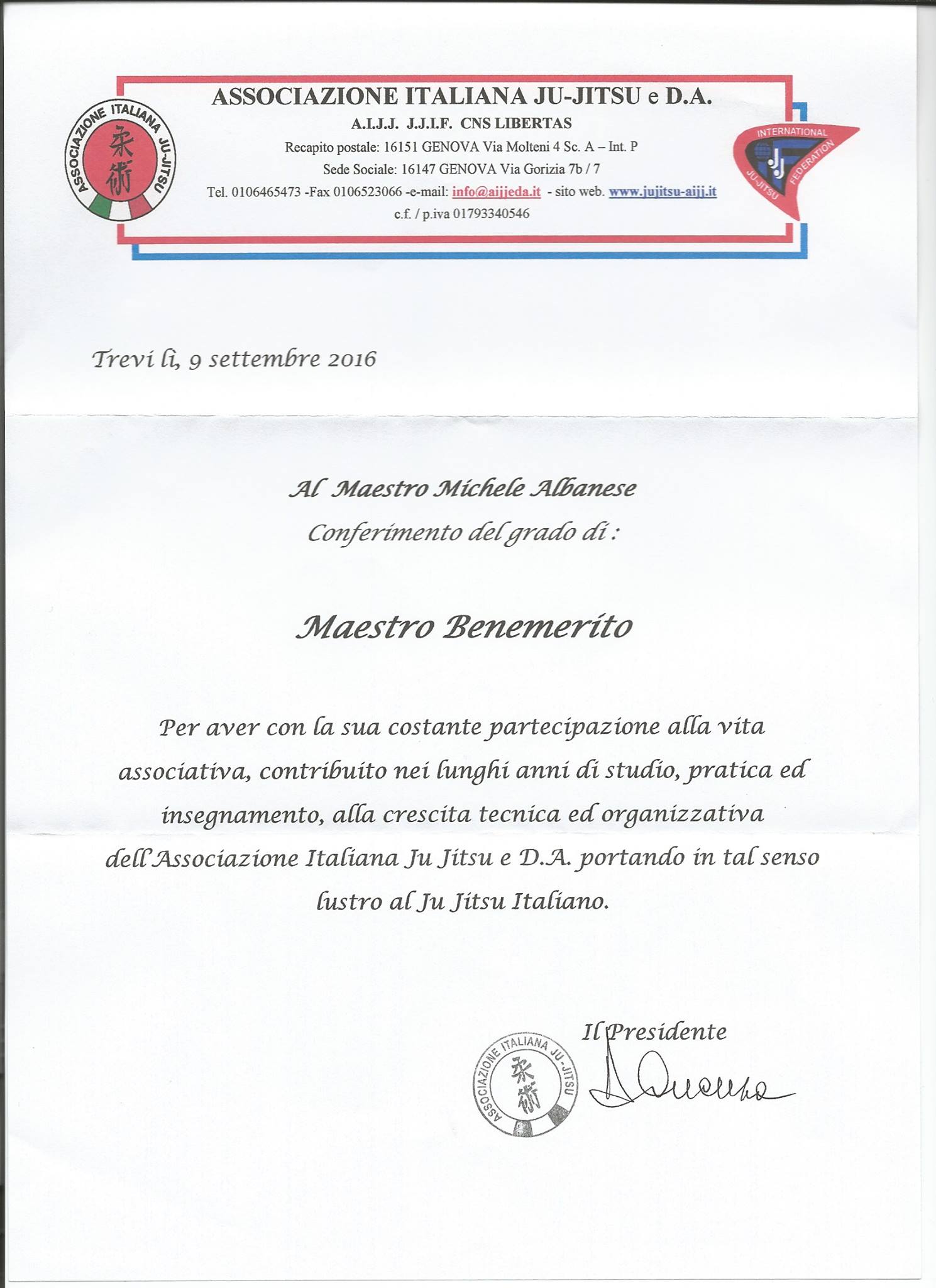 Conferimento al grado di Maestro Benemerito al Maestro Michele Albanese